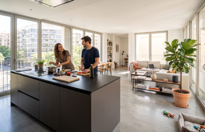 Cocina abierta al salón con isla central, luz natural cruzada y distribución diáfana