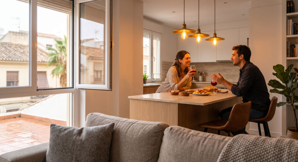 Isla central en una cocina abierta al salón con taburetes de diseño