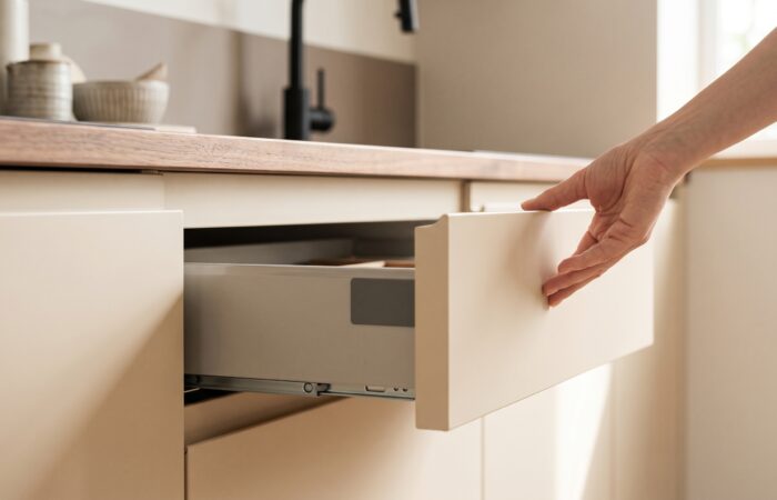 Cajón de cocina alemana Häcker con cierre suave y acabado mate, detalle de precisión artesanal