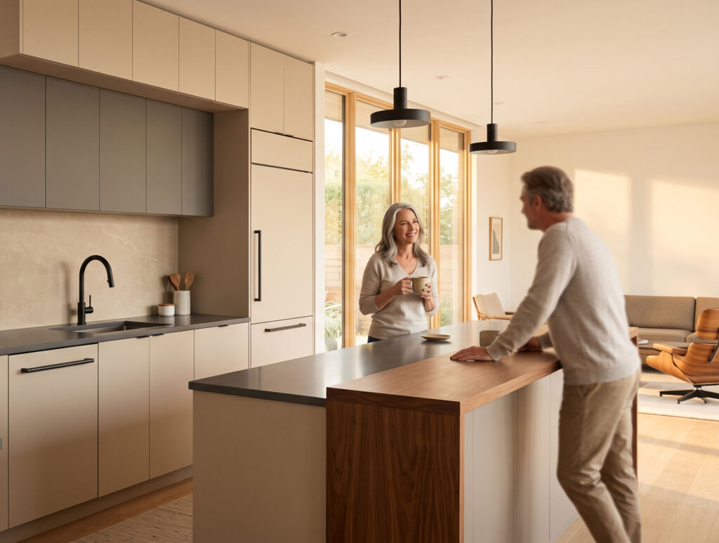 Detalle interior de un módulo de cocina Häcker: herrajes y organización