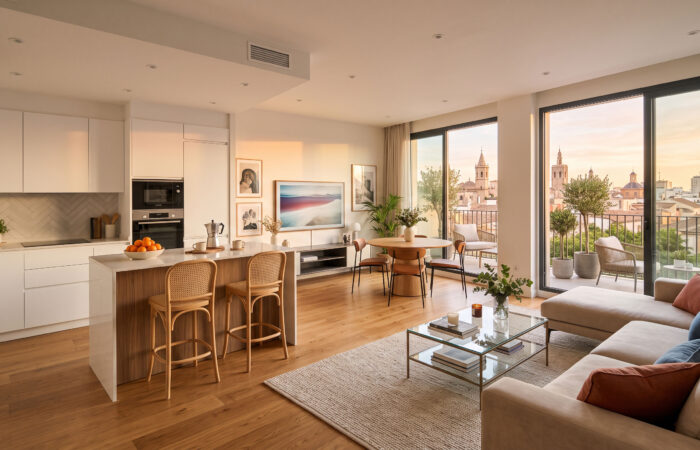 Piso premium reformado en Valencia listo para la venta, luz dorada y acabados de lujo