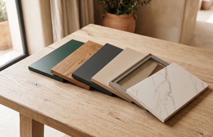 Seis muestras de acabados de cocina Häcker sobre una mesa de estudio: laca mate, chapa de roble, Fenix, laminado, aluminio y porcelánico