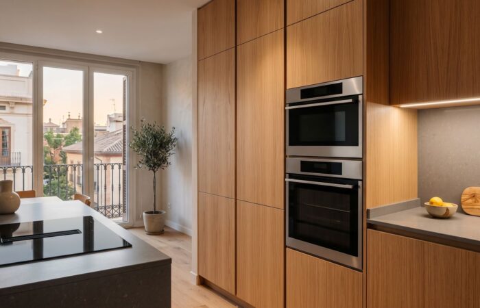 Columna de horno y horno de vapor integrados en una cocina con frentes de roble e iluminación lineal bajo los muebles altos