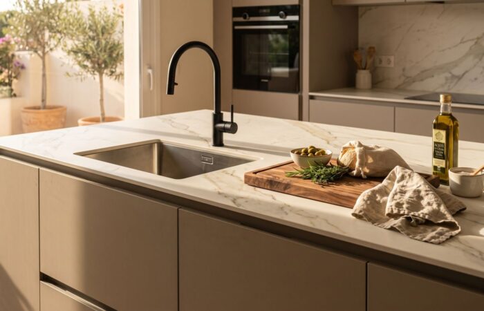 Encimera de cocina de porcelánico veteado en Valencia con fregadero bajo encimera, grifo negro mate y frentes sin tiradores