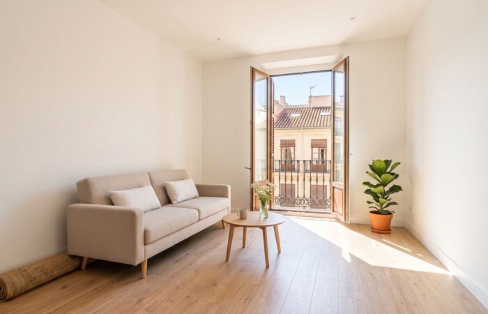 Salón de un piso preparado para la venta, con paredes claras, suelo de roble, sofá neutro y mucha luz natural