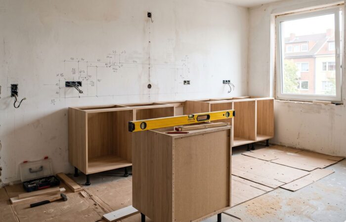 Cocina en fase de montaje con los muebles bajos nivelados, un nivel de burbuja encima y la encimera todavía sin instalar